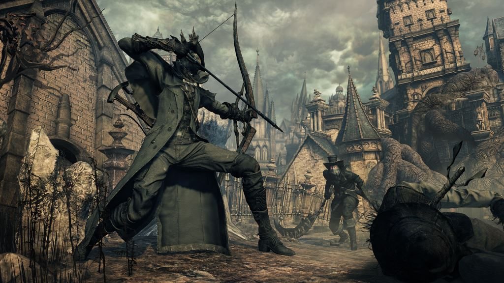 Official screenshot: the hunter standing before a tall figure wrapped in white cloth in a dim interior.