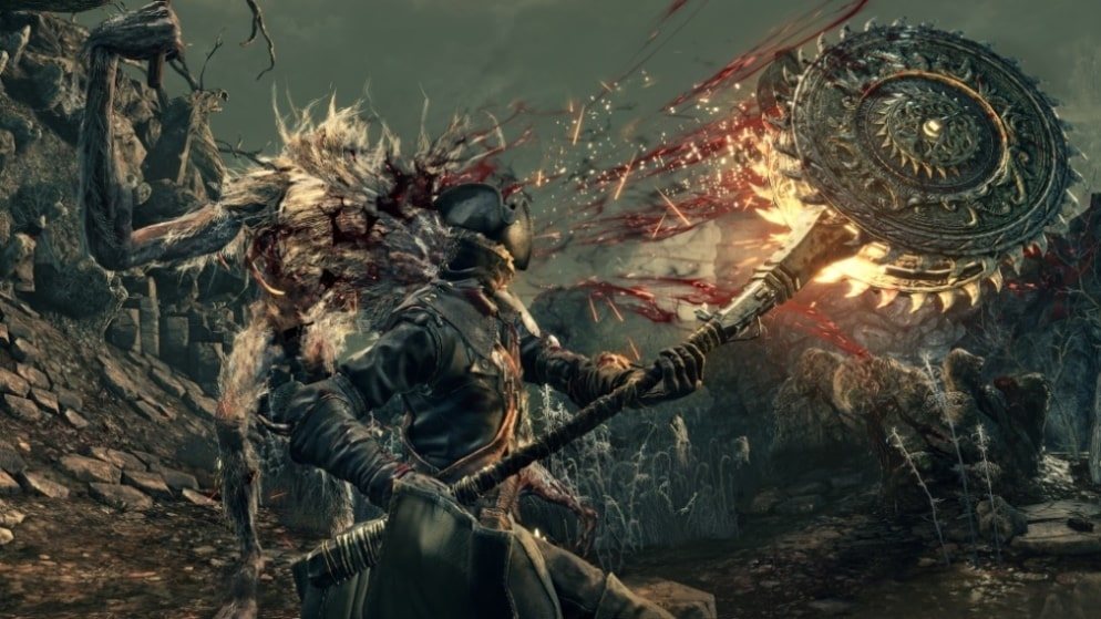 Official screenshot: figures and beasts half-seen in shallow, red-stained water among ruins.