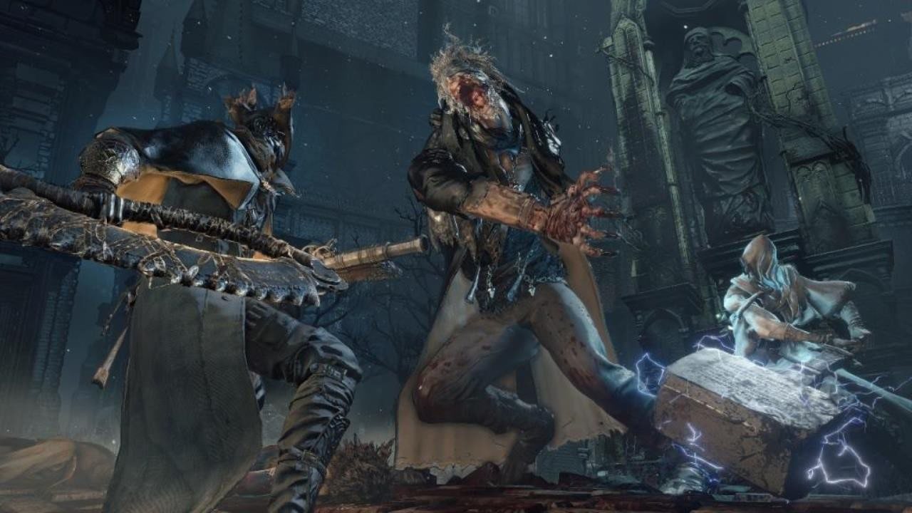 Official screenshot: the hunter in a dark hat and coat facing a bulky beast up close.