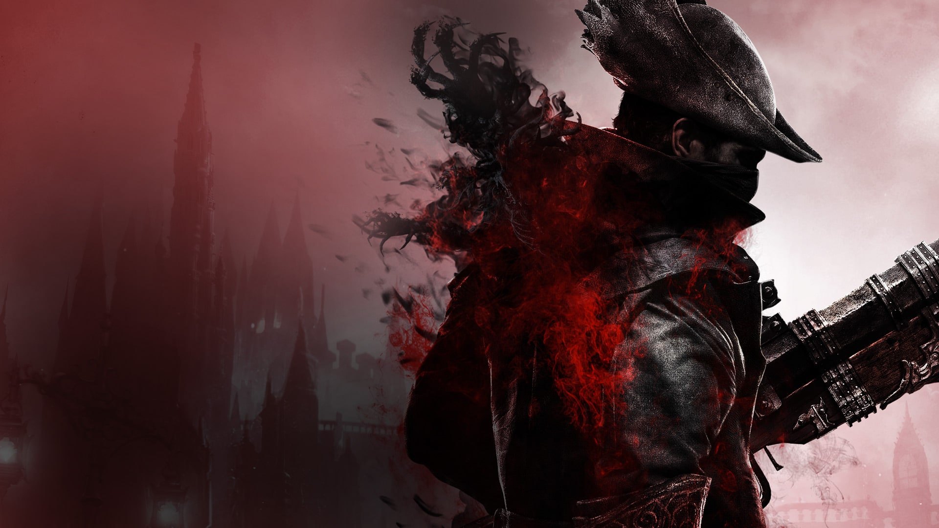 Official Bloodborne key art: the hunter's back turned on a fog-bound Yharnam skyline.
