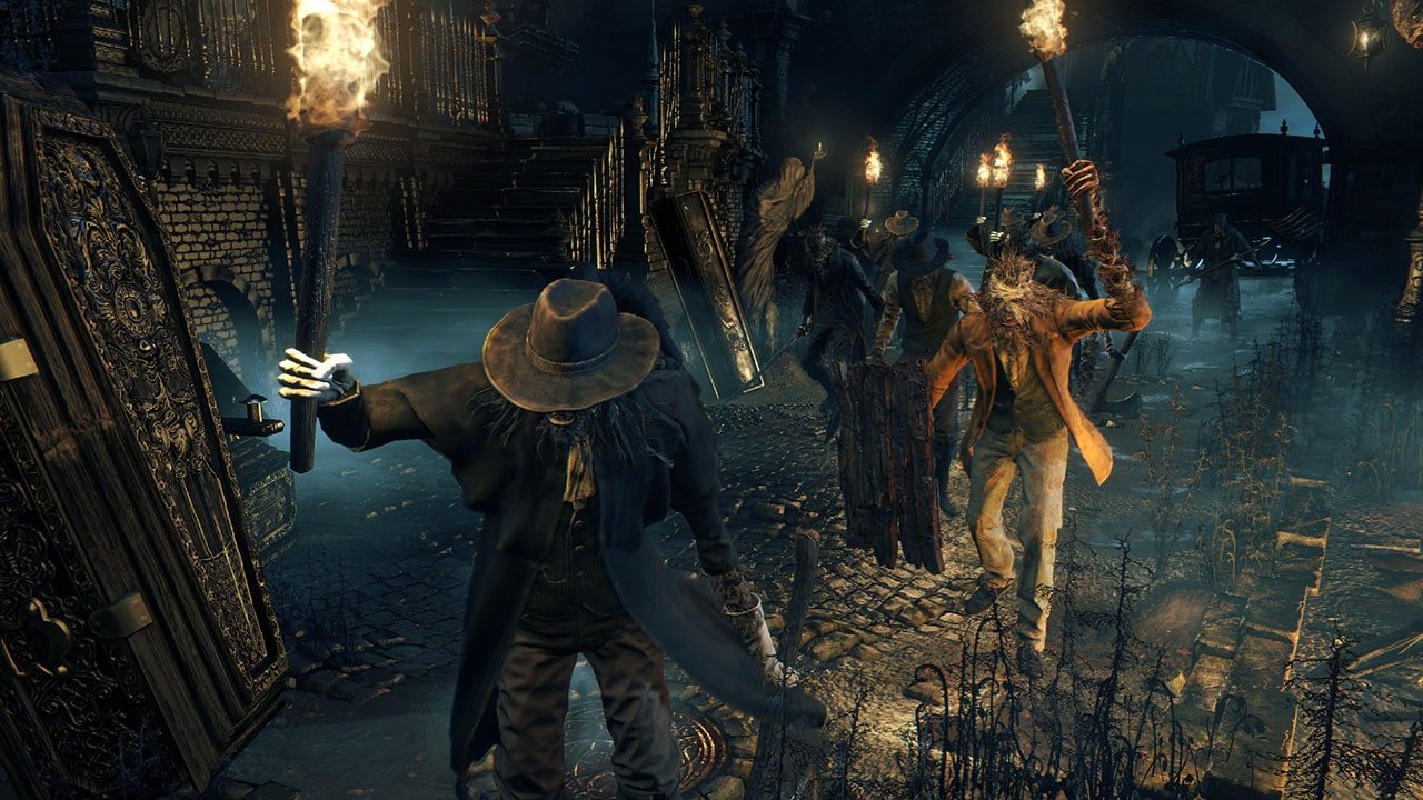 Official screenshot: the hunter on a cobblestone Yharnam street beside a carriage and other figures.