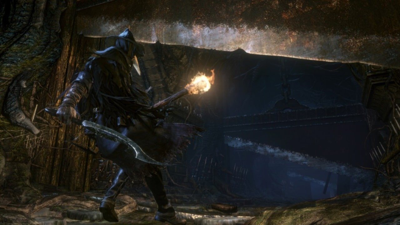 Official screenshot: a hunter silhouette facing a tall tree-like creature in a foggy forest.