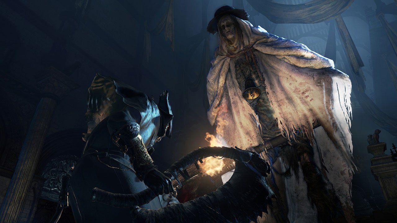 Official screenshot: the hunter fighting a large antlered beast in a dark forest, lit red and orange.