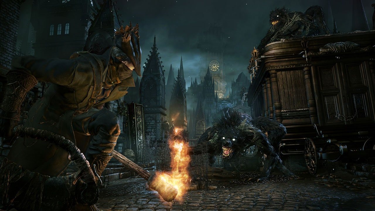 Official screenshot: the hunter beside a beast and a carriage in a dark street lit by firelight.