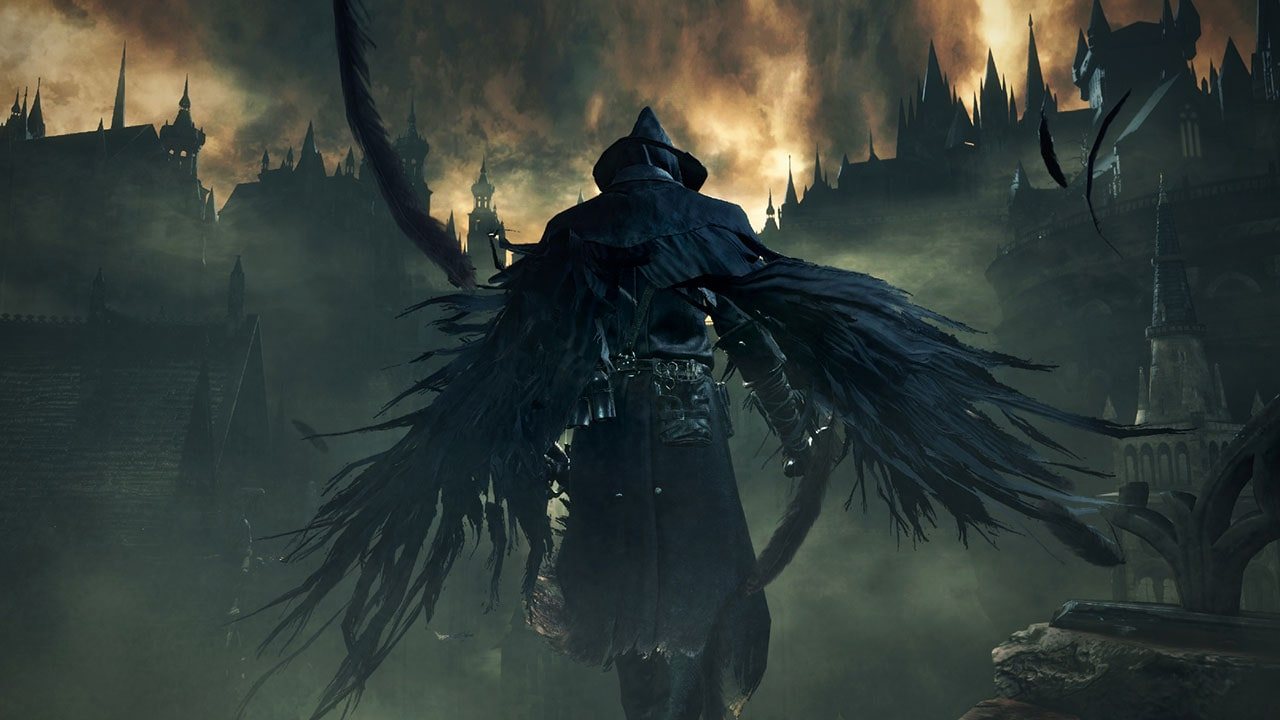 Official screenshot: a silhouetted caped hunter against a bright sky and burning ruins.