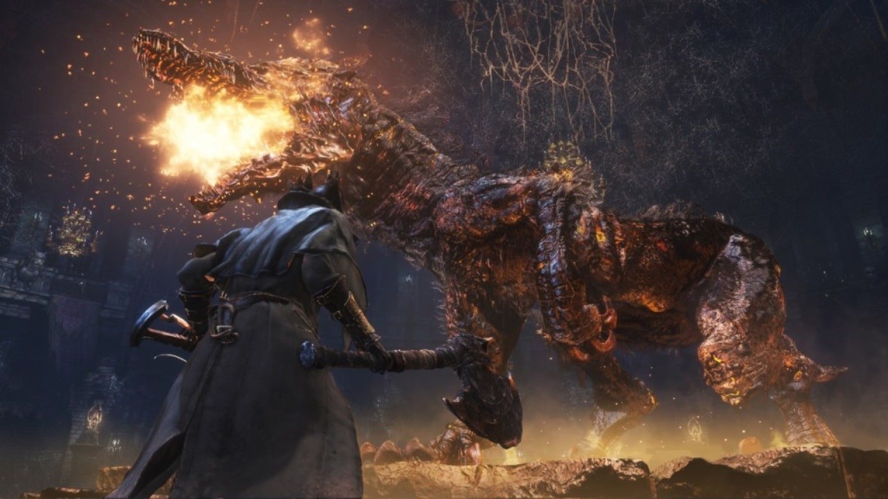 Official screenshot: the hunter fighting a large beast amid fire and sparks.