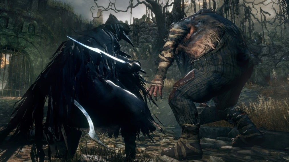Official screenshot: the hunter in a dark coat facing a bulky beast in a dim street.