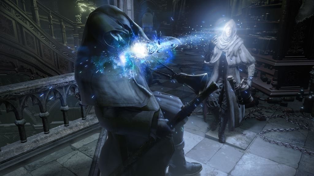 Official screenshot: the hunter holding a glowing blue object in a dim stone interior.