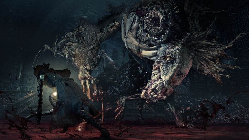 Official screenshot: the hunter fighting a tall, blue-glowing beast in a dark cave.