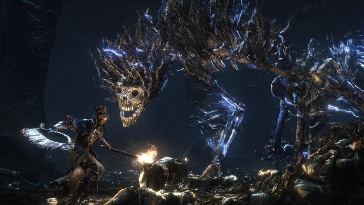 Official screenshot: the hunter holding a torch inside a dark wooden interior.