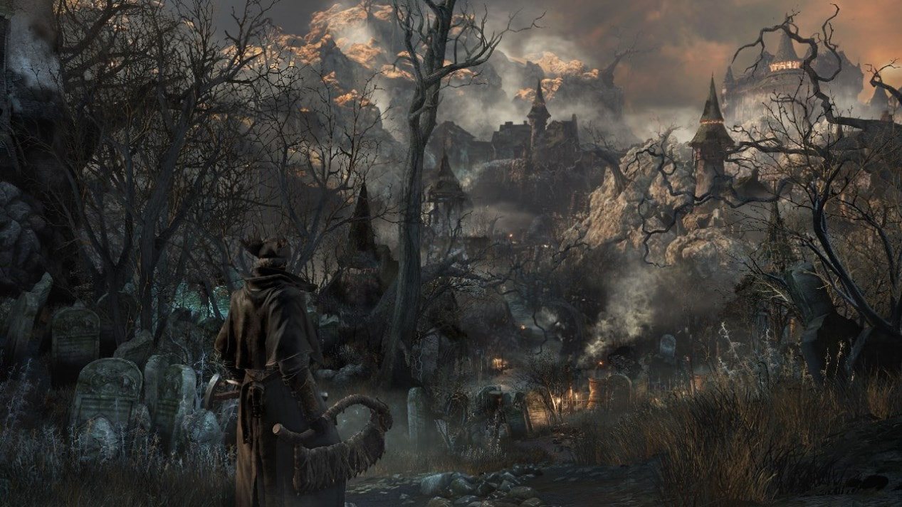 Official screenshot: the hunter in a smoky, ruined street with faint figures in the fog.